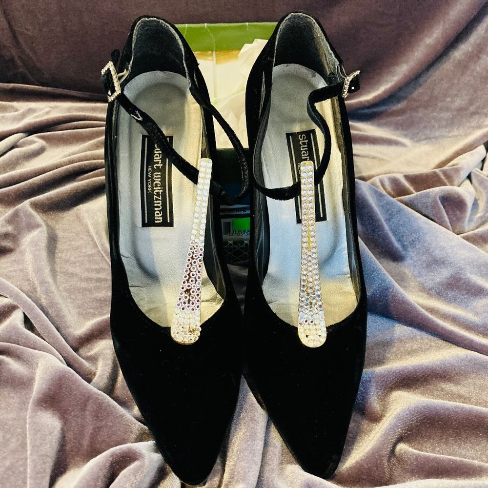 Stuart Weitzman Black Velvet/Studded T-Strap Heels